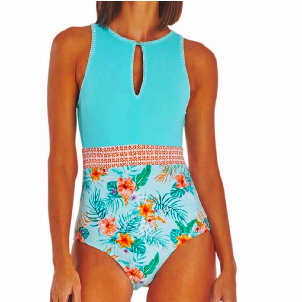 NWT Cabana Life Cayman Keyhole
Hibiscus Print Turquoise One Piece Bathing Suit M